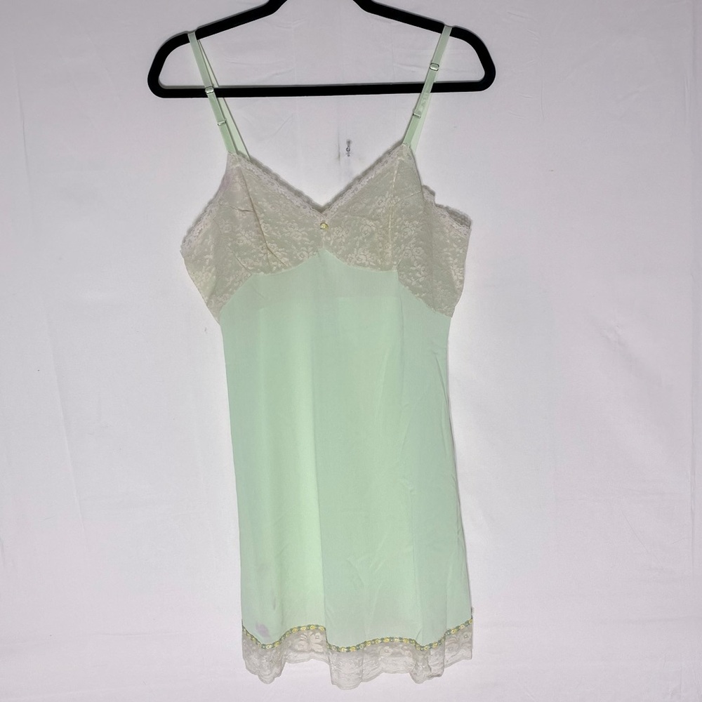 Vintage Mint Green Satin Slip Dress with Lace Trim Y2K Lingerie Cami Nightie L